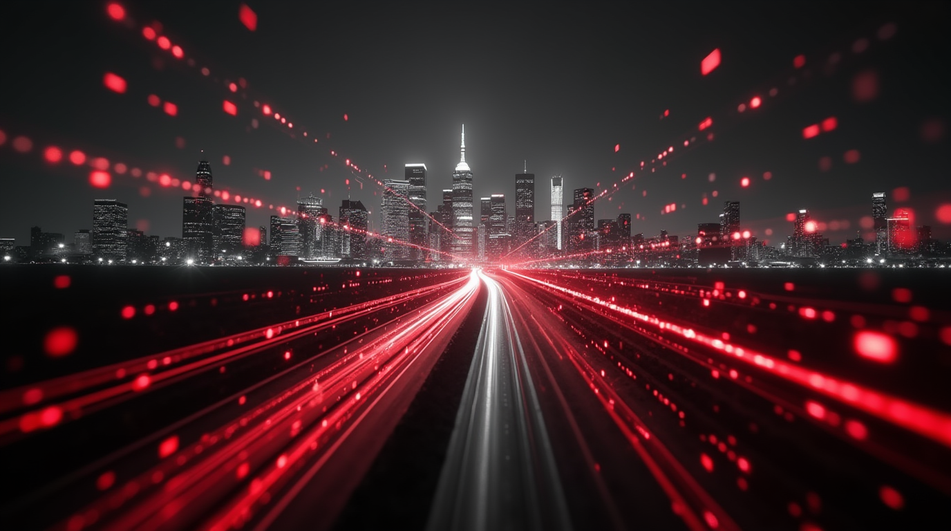 Digital cityscape with red light trails