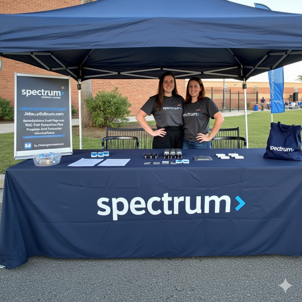 Spectrum representatives at community event with promotional materials