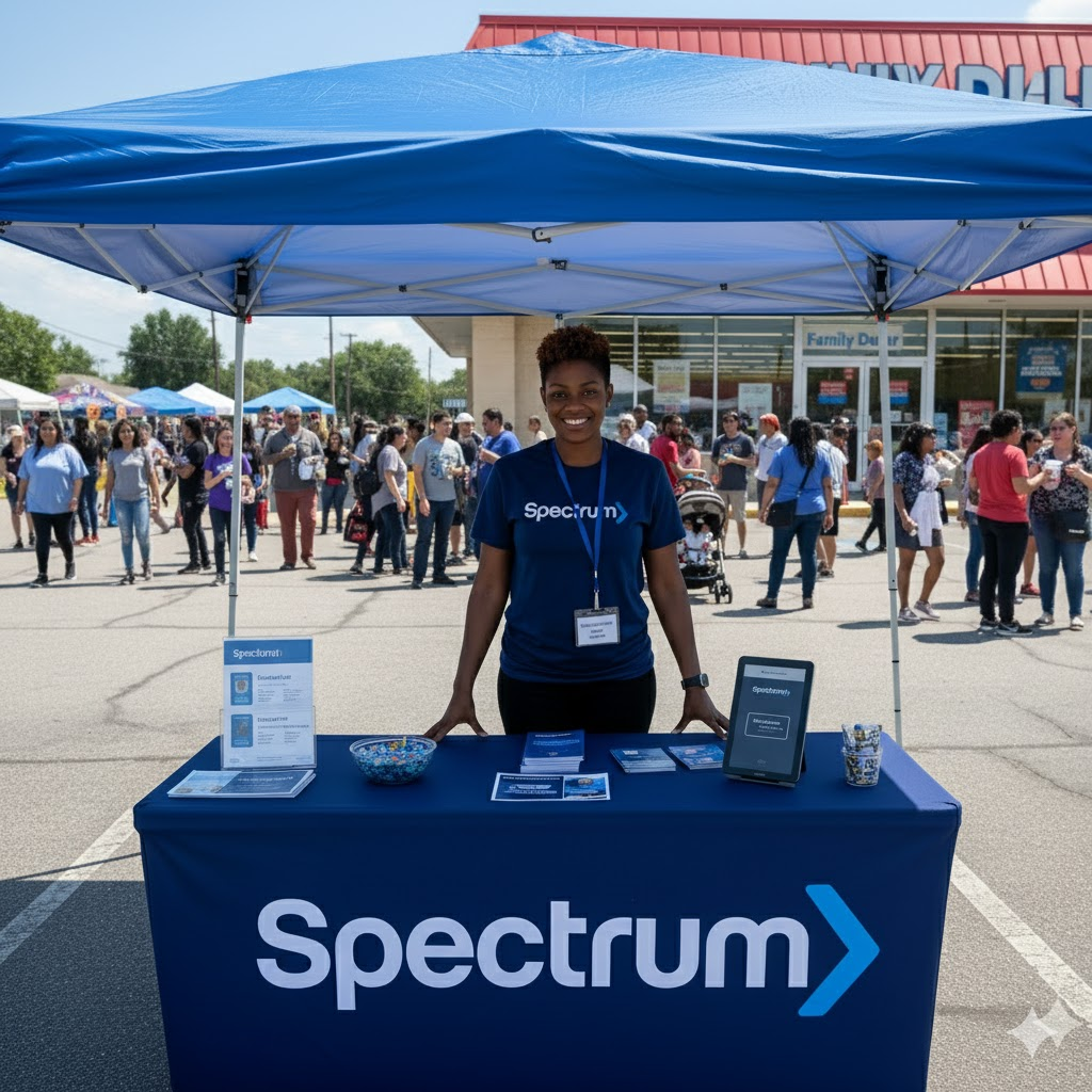 Spectrum brand ambassador at high-traffic outdoor community event with large crowd